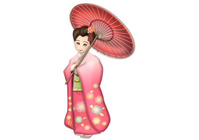 赤い和傘と振袖の女の子のイラスト