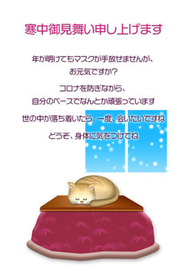 寒中見舞いデザイン・炬燵で丸まって寝る猫・カラー