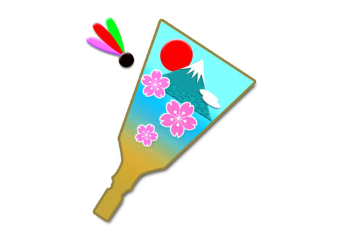 富士山と桜の絵が付いた簡単な羽子板（羽根つき）のイラスト