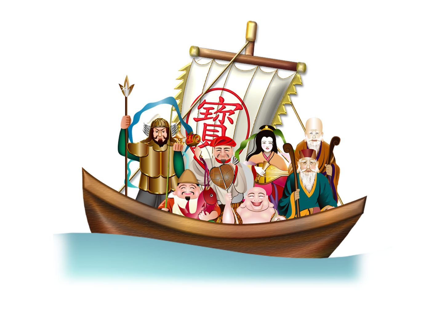 宝船に乗るリアルな七福神の年賀状イラスト