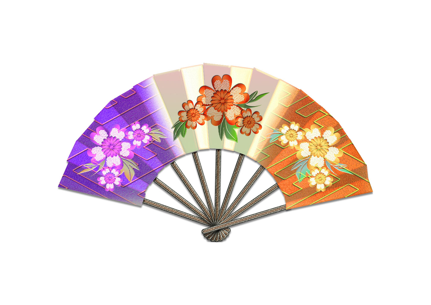 花と和柄の扇子・紫橙のイラスト