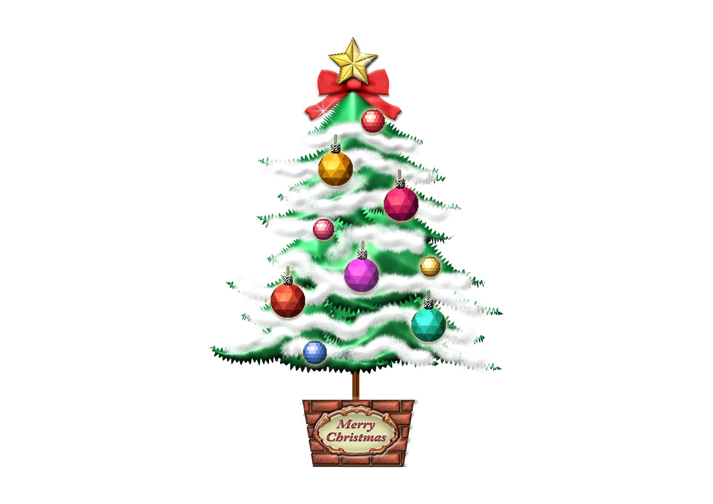 雪とオーナメントのクリスマスツリー｜クリスマスイラスト無料