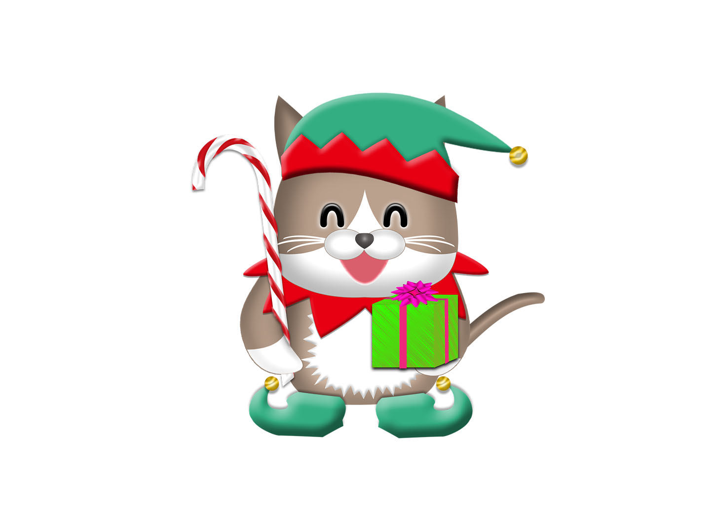 プレゼントと杖を持つネコのエルフ｜クリスマスイラスト無料