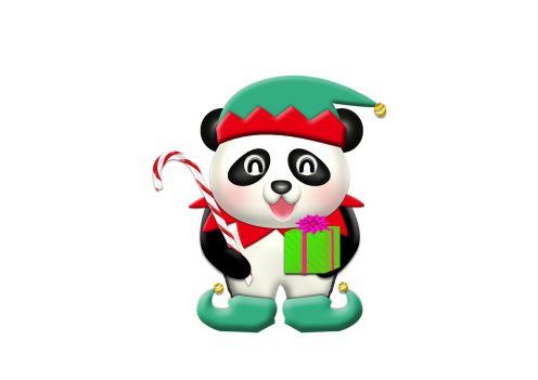 プレゼントと杖を持つパンダのエルフ｜クリスマスイラスト無料