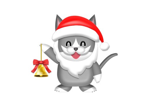サンタの帽子と髭でコスプレした猫キャラ｜クリスマスイラスト無料