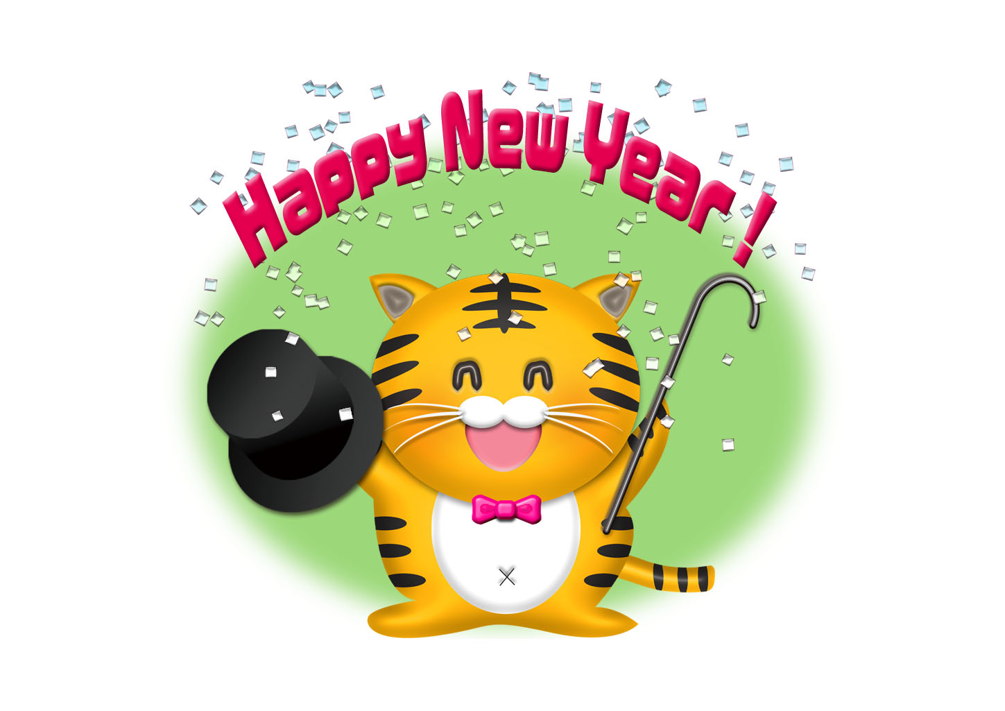 虎が紙吹雪を浴びてHappy New Year！と祝うイラスト