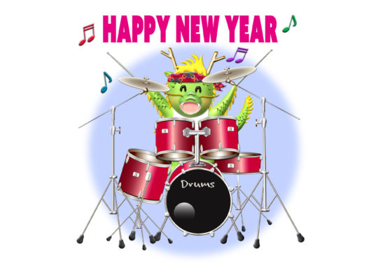 HAPPY NEW YEARとドラムを叩く可愛い龍イラスト